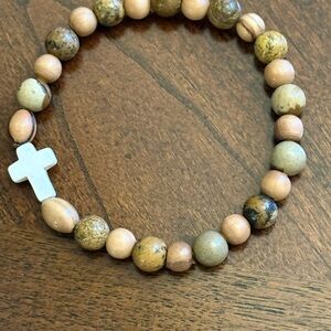 Natural Jasper & Bethlehem Olive Wood and Jade Cross Bracelet